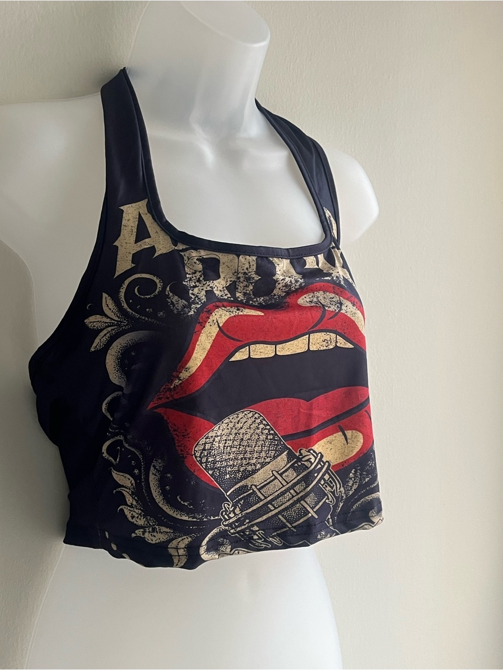 Y2K Women’s Black ROCK Graphic Halter Top with Red Lips Print Size Medium